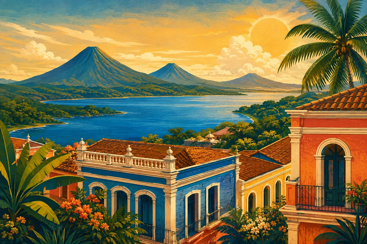 Ilustración inspirada en Nicaragua: lago azul, volcanes y fachadas de colores